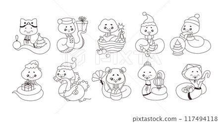 Snakes with different New Year accessories line cartoon set 117494118