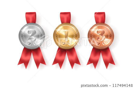 Winner medal rewards with ribbons vector illustration Winner medal rewards with ribbons vector illustration 117494148