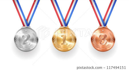 Gold, silver and bronze medals for winners illustration Gold, silver and bronze medals for winners illustration 117494151