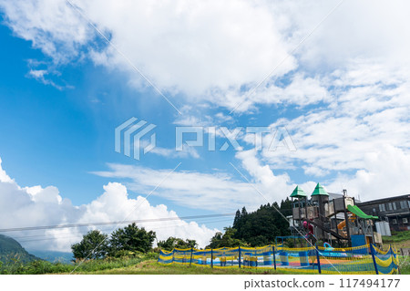 新潟縣南魚沼郡湯澤町,俯瞰湯澤高原全景公園的水上樂園和樹堡,夏日晴朗的天空 新潟縣南魚沼郡湯澤町,俯瞰湯澤高原全景公園的水上樂園和樹堡,夏日晴朗的天空 117494177