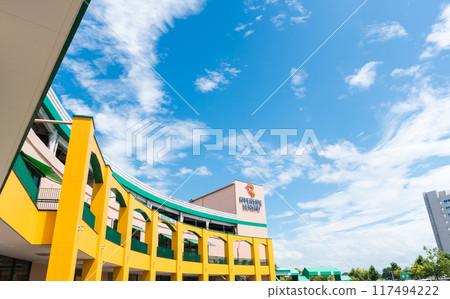 Shopping at Riverside Chiaki, a huge shopping mall, clear summer sky, Nagaoka City, Niigata Prefecture 117494222