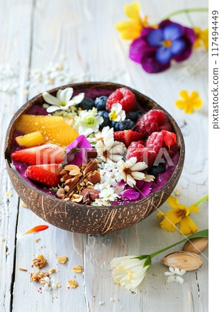 Vertical image of an acai bowl with fruit and edible flowers: copy space Vertical image of an acai bowl with fruit and edible flowers: copy space 117494449