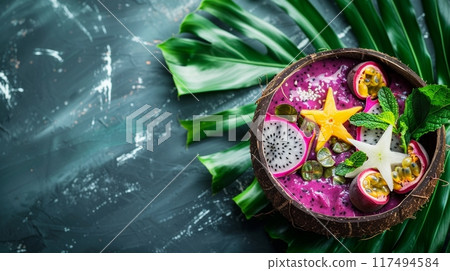 Tropical dragon fruit and exotic fruit acai bowl: copy space 117494584