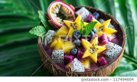 巴西莓碗，配有熱帶火龍果和異國情調的水果：複製空間 117494604