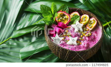 巴西莓碗，配有熱帶火龍果和異國情調的水果：複製空間 117494605