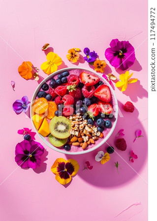 Pink background with purple acai bowl and edible flowers: copy space Pink background with purple acai bowl and edible flowers: copy space 117494772