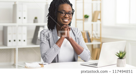 Joyful African American businesswoman at her workstation, using a laptop in a modern office, smiling at camera Joyful African American businesswoman at her workstation, using a laptop in a modern office, smiling at camera 117494851