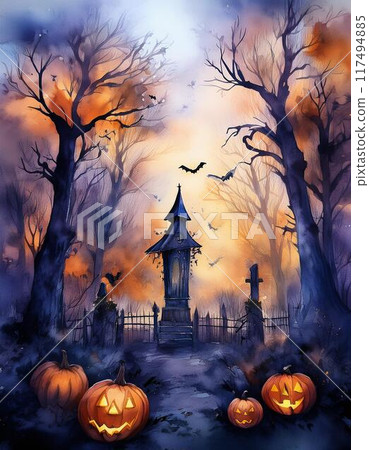 Watercolor Halloween spooky background image 117494885