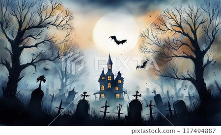 Watercolor Halloween spooky background image 117494887