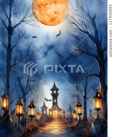 Watercolor Halloween spooky background image 117494893