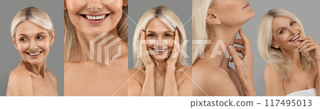 Collage of a beautiful senior woman in various poses against a grey background, showcasing natural beauty and skincare. 117495013