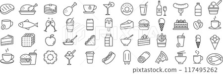 Vector monochrome food and drink line icon set 117495262