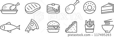 關於單色向量中的食物的線條畫圖示集 117495263
