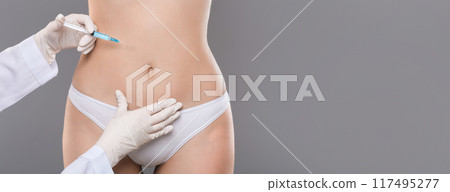 Beauty procedure. Unrecognizable woman having lipolysis treatment at beauty salon, closeup, grey background 117495277
