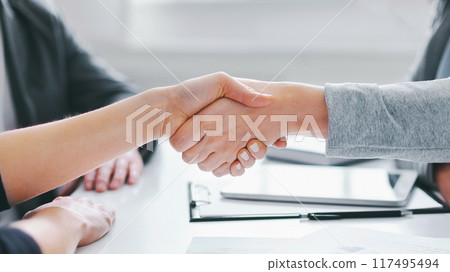 Two business professionals shake hands during a meeting in an office setting. They are seated at a table with documents and a pen visible in the background, cropped 117495494