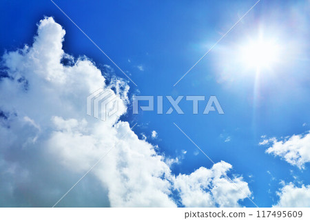 Summer blue sky, clouds and sun 117495609