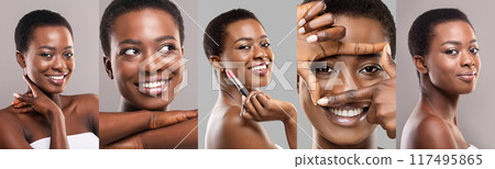 Collage of a beautiful short-haired African American woman in various poses against a grey background, showcasing natural beauty and skincare. 117495865