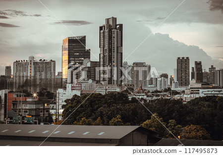 Architecture exterior of Modern high-rise buildings of Dramatic sky in the city of Bangkok. 117495873