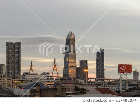 City view with KingBridge tower alongside the iconic landmark of Bhumibol Bridge. 117495874