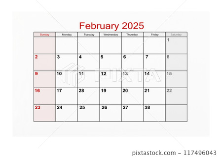 February 2025 Calendar page for 2025 year isolated on white background, Save clipping path. February 2025 Calendar page for 2025 year isolated on white background, Save clipping path. 117496043