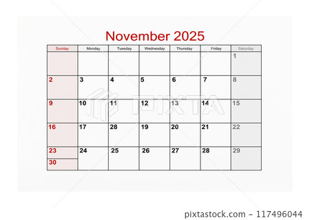 November 2025 Calendar page for 2025 year isolated on white background, Save clipping path. November 2025 Calendar page for 2025 year isolated on white background, Save clipping path. 117496044