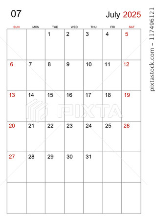 A July 2025 calendar vertical template on white background. 117496121