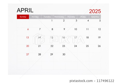 April 2025 monthly calendar page isolated on white background. April 2025 monthly calendar page isolated on white background. 117496122