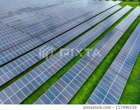Aerial view of solar farm. Sustainable renewable energy and modern photovoltaic technology for eco-friendly electricity production. Solar power station. Green energy solutions. Solar panel technology. 117496158