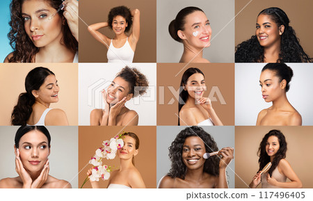 Women of various backgrounds embrace their beauty routines, each section of the collage highlighted by a distinct, colorful studio backdrop. Women of various backgrounds embrace their beauty routines, each section of the collage highlighted by a distinct, colorful studio backdrop. 117496405