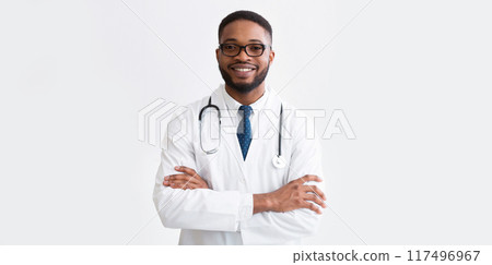 Happy Doctor In White Uniform Against Light Background With Copy Space, Panorama 117496967