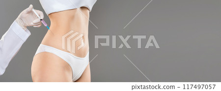 A medical professional wearing gloves is administering an injection into a woman abdomen, who is standing on grey background, panorama with copy space A medical professional wearing gloves is administering an injection into a woman abdomen, who is standing on grey background, panorama with copy space 117497057