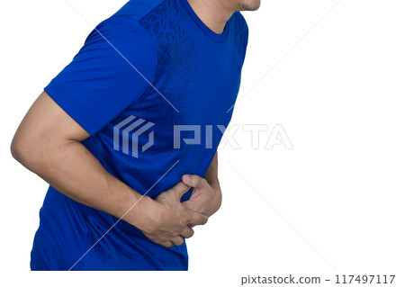 A man has a stomachache and holds his stomach with his hand. 117497117