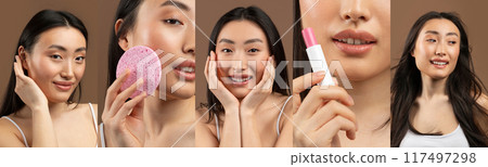 Collage of attractive young Asian woman using skincare and makeup products, showcasing her beauty routine. Collage of attractive young Asian woman using skincare and makeup products, showcasing her beauty routine. 117497298