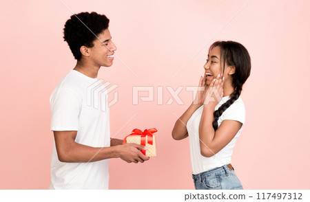 A young black guy is standing, holding a wrapped gift in his hands, presenting it to a young girl. The girl is smiling, receiving the gift from the guy. The setting is casual and intimate. A young black guy is standing, holding a wrapped gift in his hands, presenting it to a young girl. The girl is smiling, receiving the gift from the guy. The setting is casual and intimate. 117497312