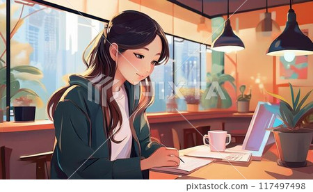在咖啡館學習的女大學生 117497498