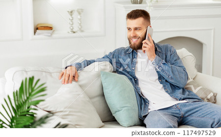 A man is seated on a couch, engaged in a conversation on his cell phone. 117497529