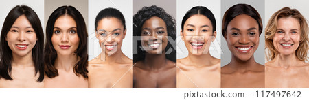Collage of multiethnic women smiling in portrait mode, showcasing different skin tones and natural beauty, panorama 117497642