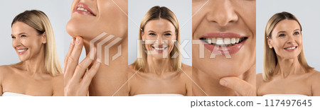 Collage of a beautiful middle aged woman in various poses against a grey background, showcasing natural beauty and skincare. 117497645
