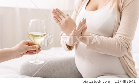 A pregnant woman sits in a sunlit room and firmly declines a glass of wine being offered to her by another person, emphasizing her commitment to a healthy pregnancy, cropped 117498641