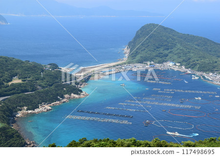 Aquaculture rafts floating in the clear waters of Kashiwajima Aquaculture rafts floating in the clear waters of Kashiwajima 117498695