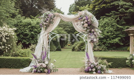 Wedding Ceremony Decorated with Lavender Flowers in the garden. Holiday concept 117499093