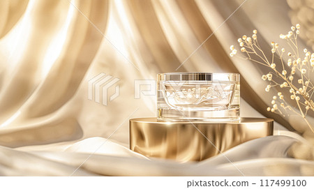 Face cream in a glass jar on a white and gold background. Skin care concept. Backdrop for beauty cosmetic products Face cream in a glass jar on a white and gold background. Skin care concept. Backdrop for beauty cosmetic products 117499100