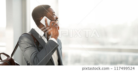 Travelling Businessman Making Phone Call, Arriving at Airport and Waiting for Departure 117499524