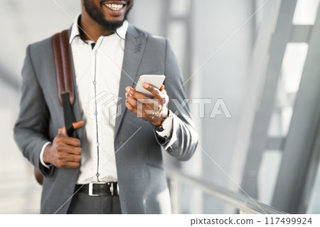 Waiting for Boarding. Businessman Using Phone in Airport Terminal, Crop, Free Space 117499924