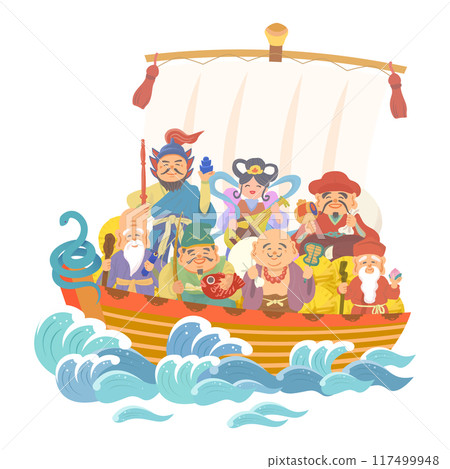 寶船上的七福神和十二生肖手繪插圖 寶船上的七福神和十二生肖手繪插圖 117499948