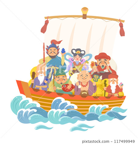七福神乘寶船手繪插畫 七福神乘寶船手繪插畫 117499949