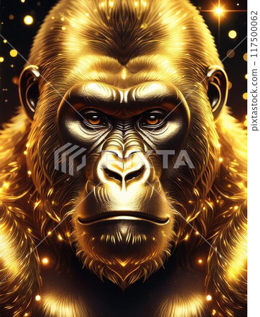 A gorilla looking at the golden glittering front 117500062
