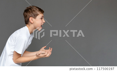 Awkward age. Angry emotional boy screaming and gesturing with hands in air, side view, gray studio background with free space 117500197
