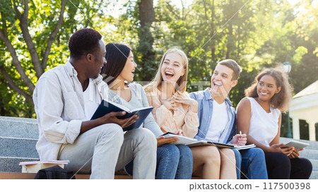 Excited multiracial group of students discussing new educational project, sitting with laptop and notepads on stairs in park Excited multiracial group of students discussing new educational project, sitting with laptop and notepads on stairs in park 117500398
