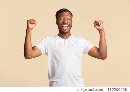 Yes. Joyful Afro Man Shouting And Shaking Fists Celebrating Success Standing Over Yellow Background. Studio Shot Yes. Joyful Afro Man Shouting And Shaking Fists Celebrating Success Standing Over Yellow Background. Studio Shot 117500408